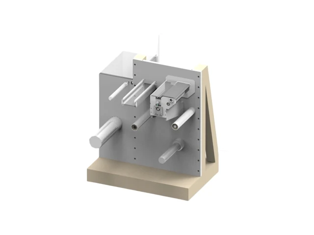 CAD model of a precision machine with modular roller assemblies