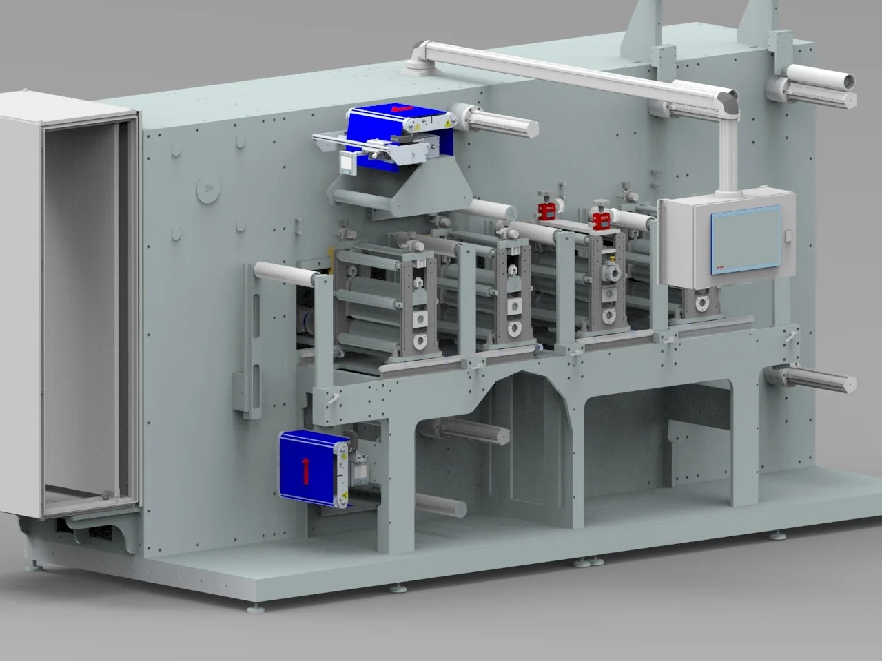 Detailed CAD rendering of a roll-to-roll printed electronics production system