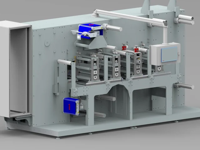 CAD rendering of an enclosed industrial roll-to-roll system