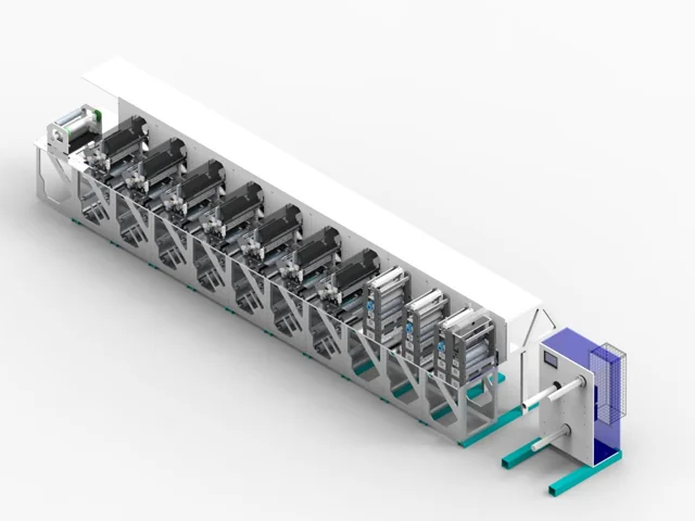 CAD rendering of a long modular industrial production line