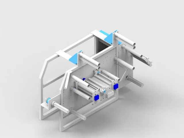 Precision machine design with multiple roller stations, rendered in CAD